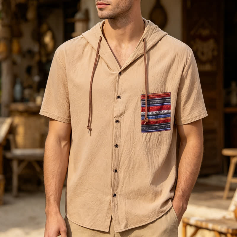 Chemise à capuche en lin pour homme avec détails ethniques tribaux sur la poche - Kaki - 3XL - image 0