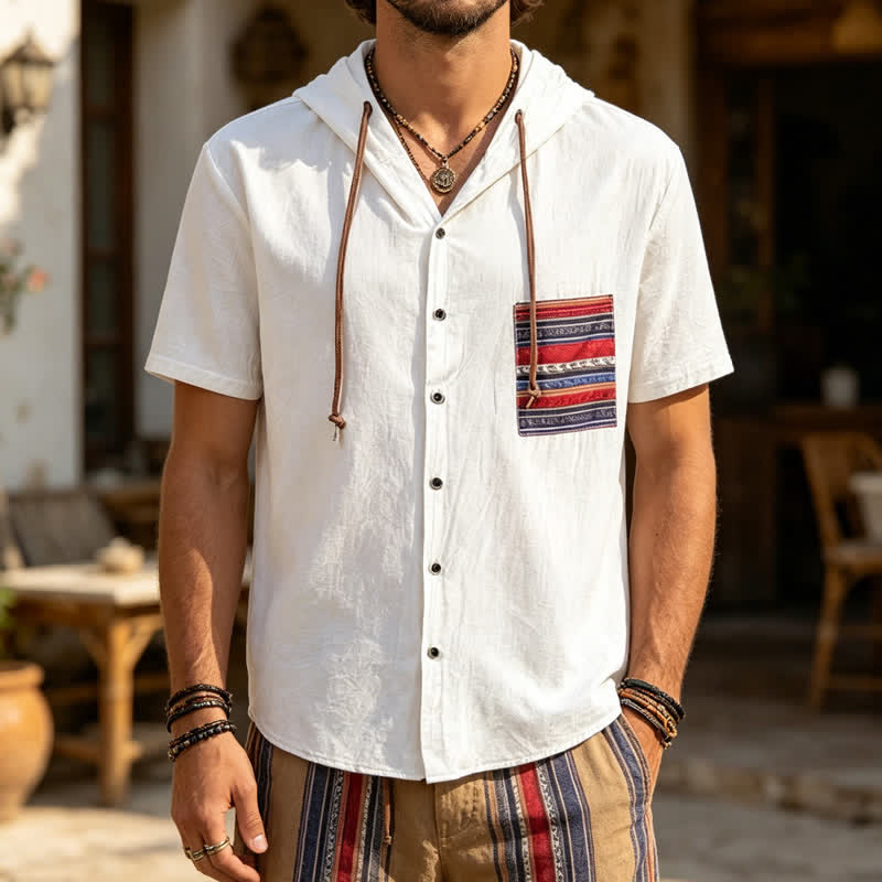 Chemise à capuche en lin pour homme avec détails ethniques tribaux sur la poche - Blanc - 3XL - image 5