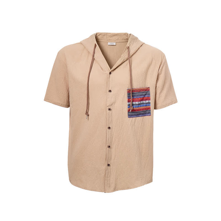 Chemise à capuche en lin pour homme avec détails ethniques tribaux sur la poche - image 10