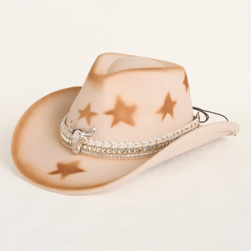 Chapeau de cowboy beige à tête de taureau argentée et étoiles pour homme - Beige - M (22"-22 7/8") - image 0