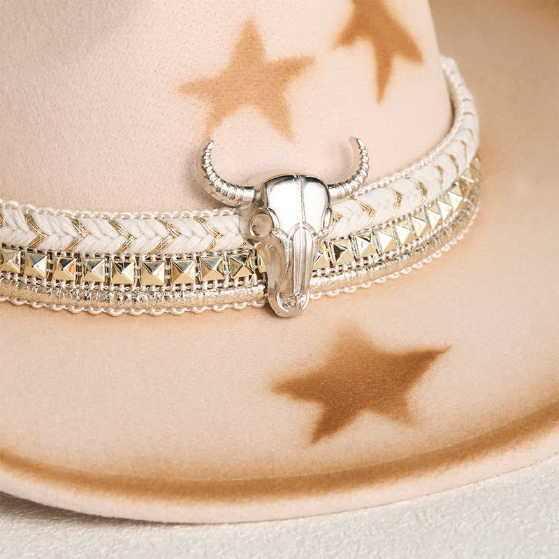 Chapeau de cowboy beige à tête de taureau argentée et étoiles pour homme - image 2