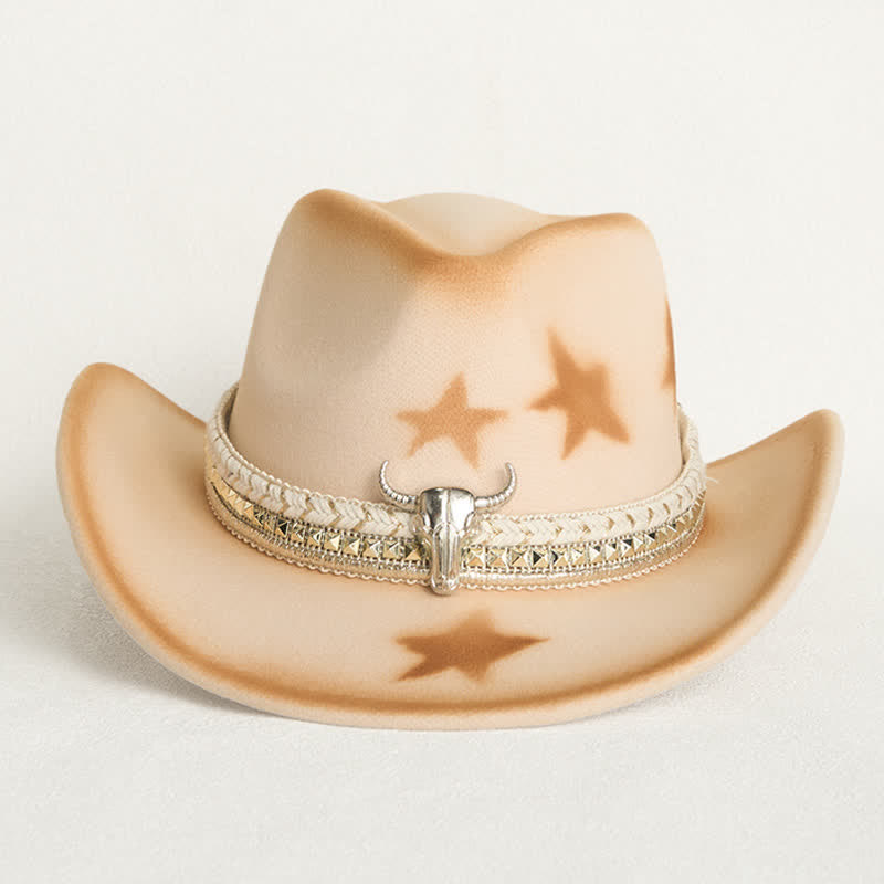 Chapeau de cowboy beige à tête de taureau argentée et étoiles pour homme - image 1