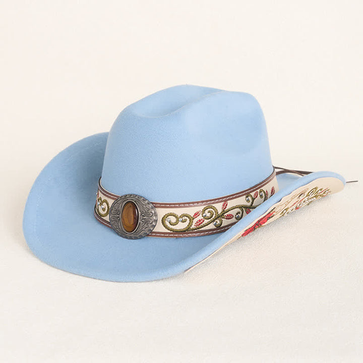 Chapeau de cowboy pour homme avec bord brodé de fleurs et ceinture rubis - Bleu ciel - M (22"-22 7/8") - image 0