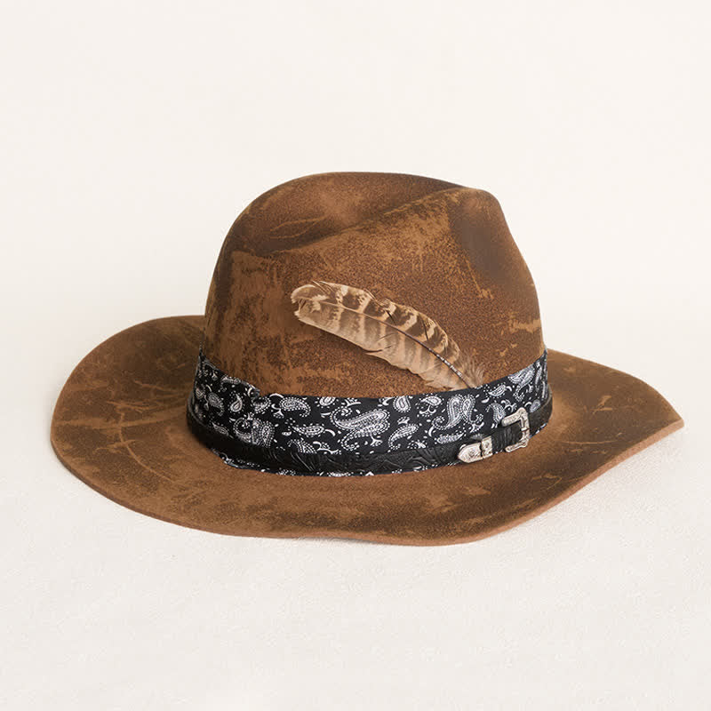 Chapeau de cowboy en laine et plumes avec lanières en cuir et cachemire - Chameau - M (22"-21 7/8") - image 0