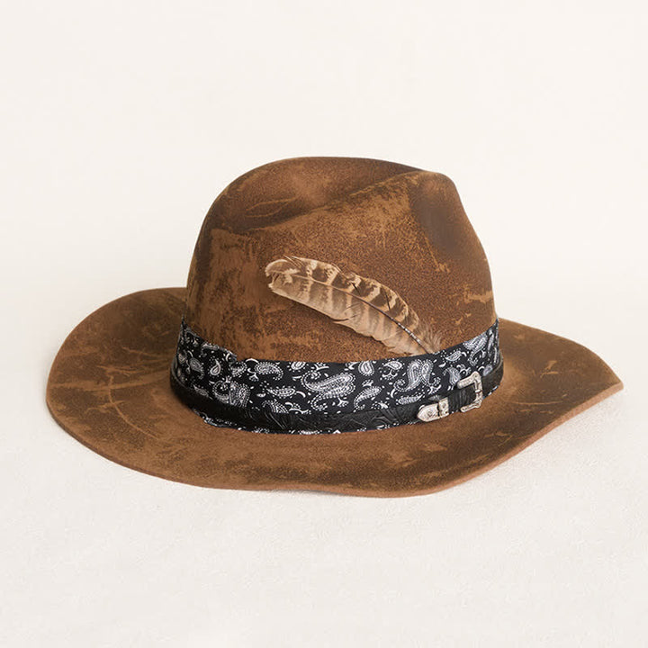Chapeau de cowboy en laine et plumes avec lanières en cuir et cachemire - Chameau - M (22"-21 7/8") - image 0