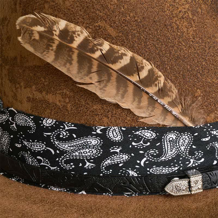 Chapeau de cowboy en laine et plumes avec lanières en cuir et cachemire - image 2