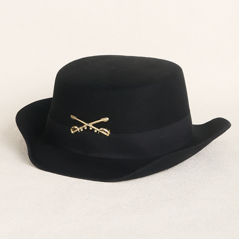 Chapeau de cowboy en laine à dessus plat avec décor de cavalerie dorée - Noir - L (23 1/4"-23 5/8") - image 0