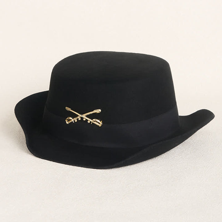 Chapeau de cowboy en laine à dessus plat avec décor de cavalerie dorée - Noir - L (23 1/4"-23 5/8") - image 0