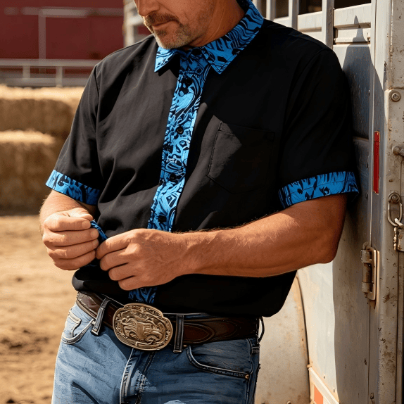 Chemise à manches courtes pour homme avec col et poignets contrastés et boutons - Bleu - 6XL - image 0