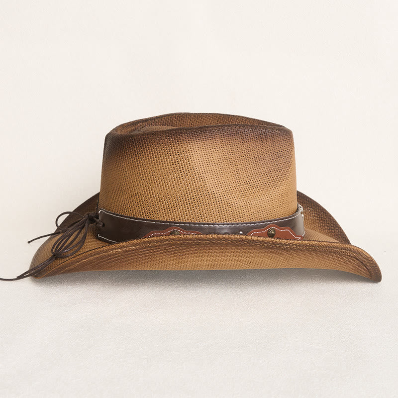 Chapeau de cowboy western vintage en paille à large bord orné d'une tête de taureau - image 4