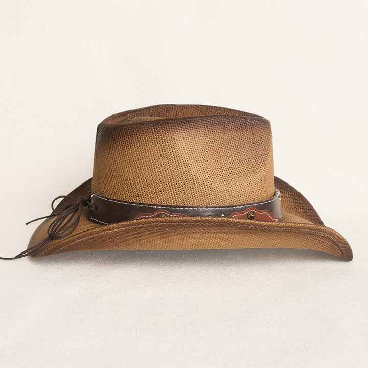 Chapeau de cowboy western vintage en paille à large bord orné d'une tête de taureau - image 4