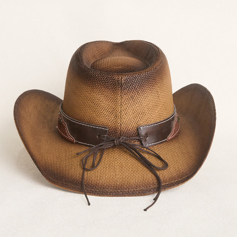 Chapeau de cowboy western vintage en paille à large bord orné d'une tête de taureau - image 5