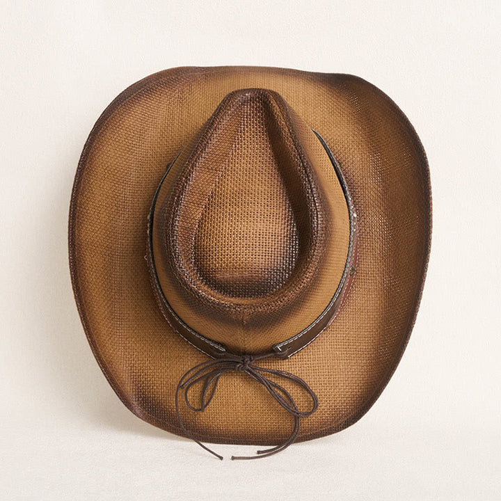 Chapeau de cowboy western vintage en paille à large bord orné d'une tête de taureau - image 6