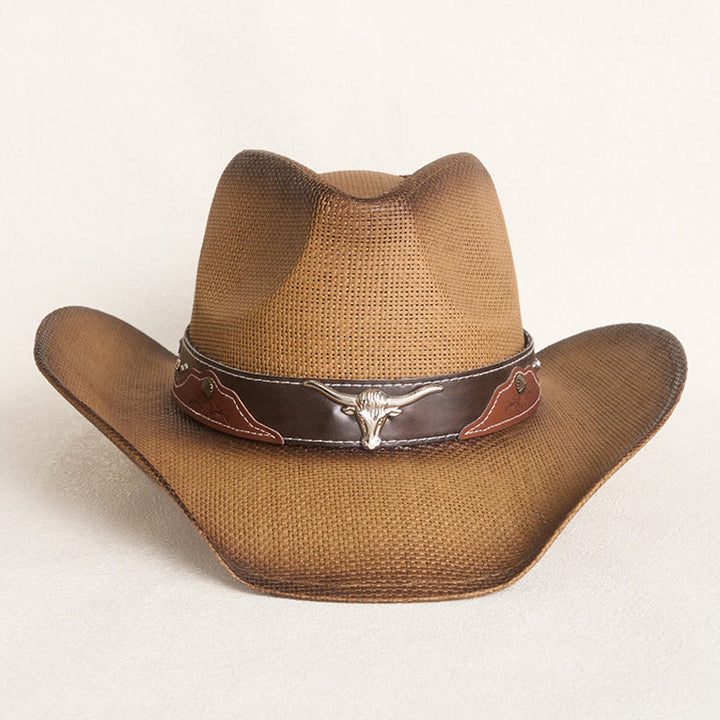 Chapeau de cowboy western vintage en paille à large bord orné d'une tête de taureau - image 1