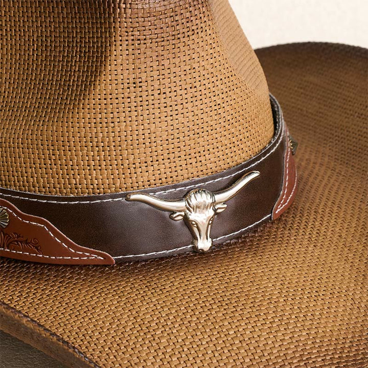 Chapeau de cowboy western vintage en paille à large bord orné d'une tête de taureau - image 2