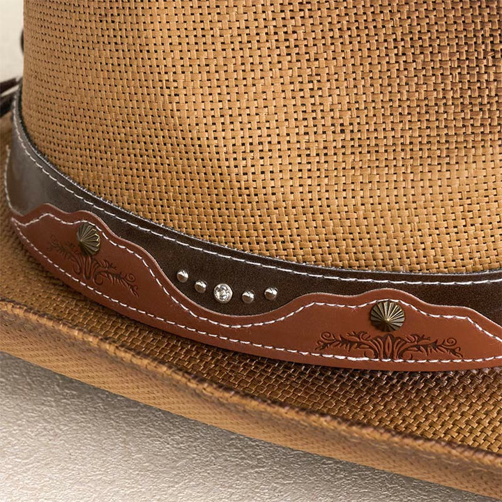 Chapeau de cowboy western vintage en paille à large bord orné d'une tête de taureau - image 3