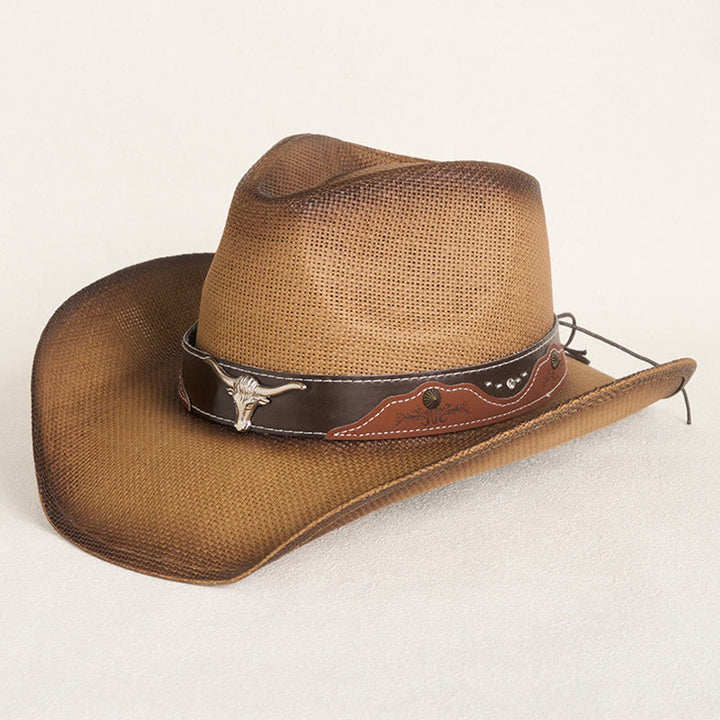 Chapeau de cowboy western vintage en paille à large bord orné d'une tête de taureau - Café - M (22"-22 7/8") - image 0