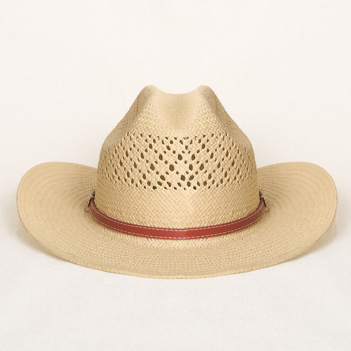 Chapeau de cowboy en paille à larges bords avec bandeau en cuir, idéal pour la plage en couple - image 4