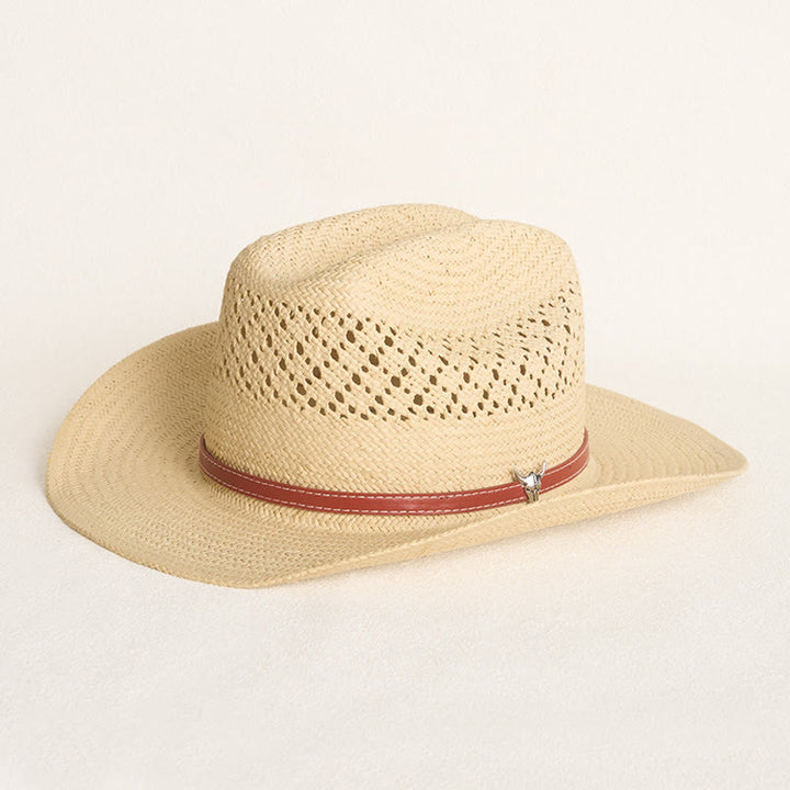 Chapeau de cowboy en paille à larges bords avec bandeau en cuir, idéal pour la plage en couple - Beige - M (22"-22 7/8") - image 0