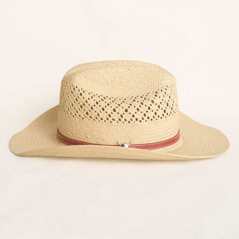 Chapeau de cowboy en paille à larges bords avec bandeau en cuir, idéal pour la plage en couple - image 5