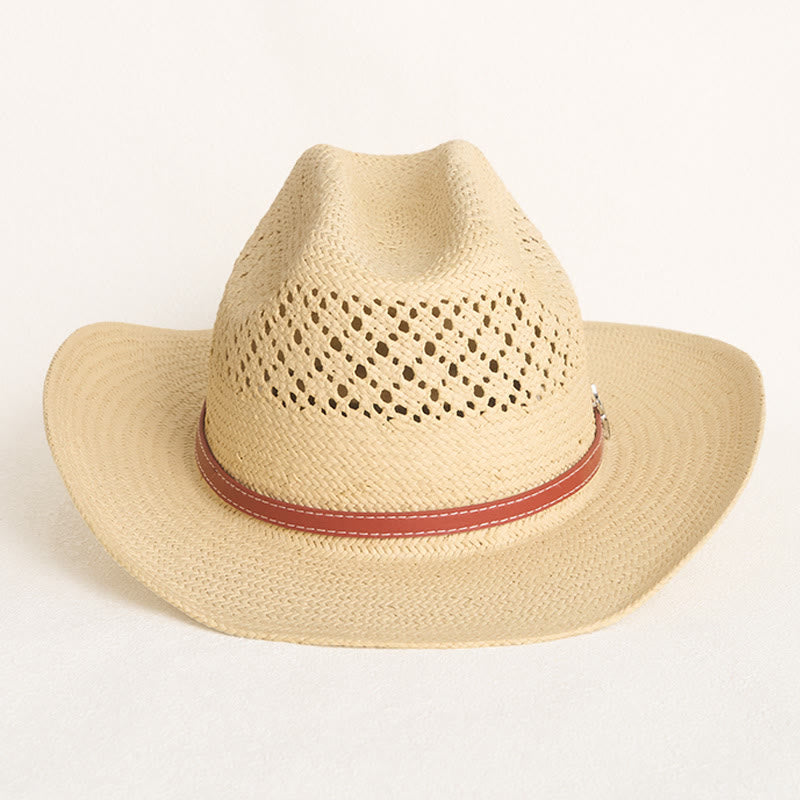 Chapeau de cowboy en paille à larges bords avec bandeau en cuir, idéal pour la plage en couple - image 1
