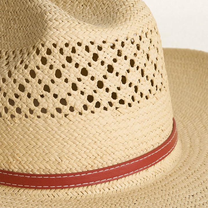 Chapeau de cowboy en paille à larges bords avec bandeau en cuir, idéal pour la plage en couple - image 3