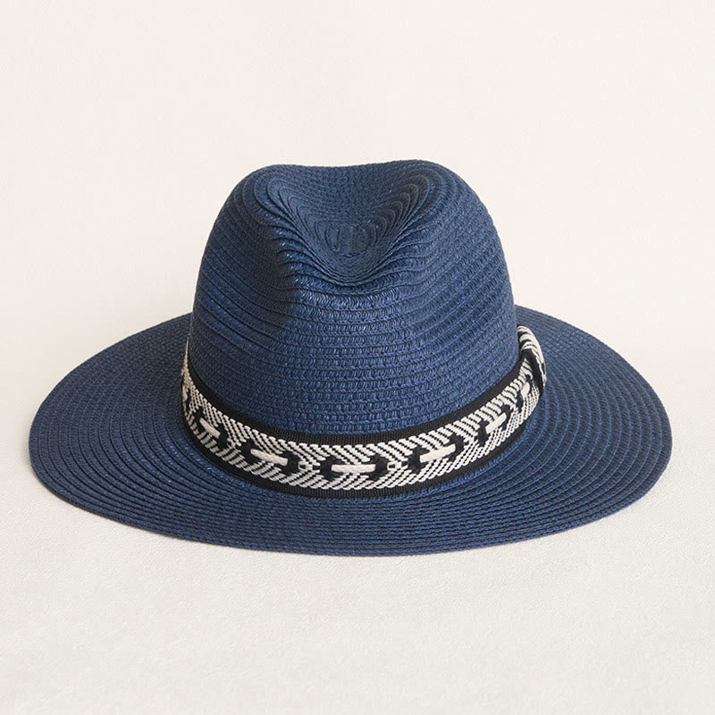 Chapeau de paille à calotte plate pour femme avec bandeau décoratif - image 1