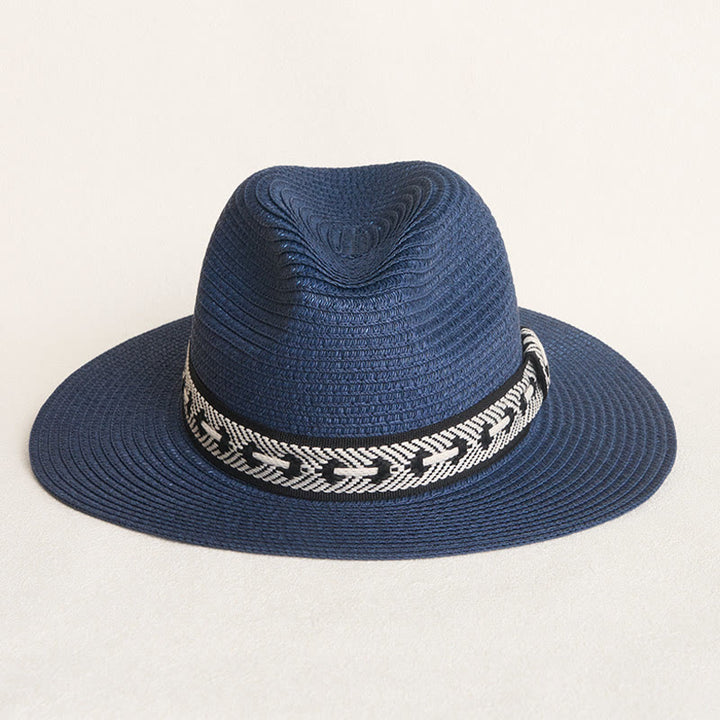 Chapeau de paille à calotte plate pour femme avec bandeau décoratif - image 1