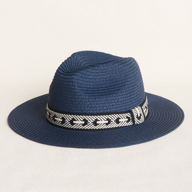 Chapeau de paille à calotte plate pour femme avec bandeau décoratif - Bleu marine - Réglable (environ 22"-22 7/8") - image 0