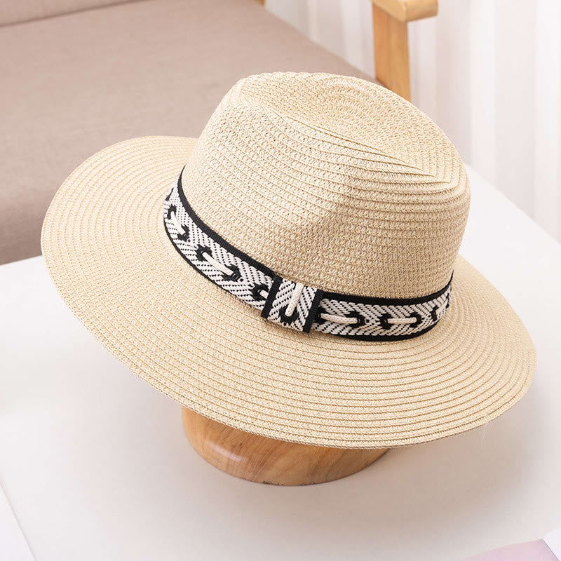 Chapeau de paille à calotte plate pour femme avec bandeau décoratif - Beige - Réglable (environ 22"-22 7/8") - image 8