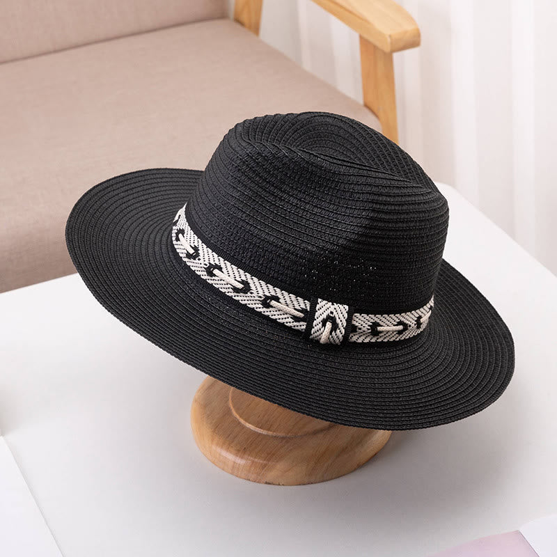 Chapeau de paille à calotte plate pour femme avec bandeau décoratif - Noir - Réglable (environ 22"-22 7/8") - image 10