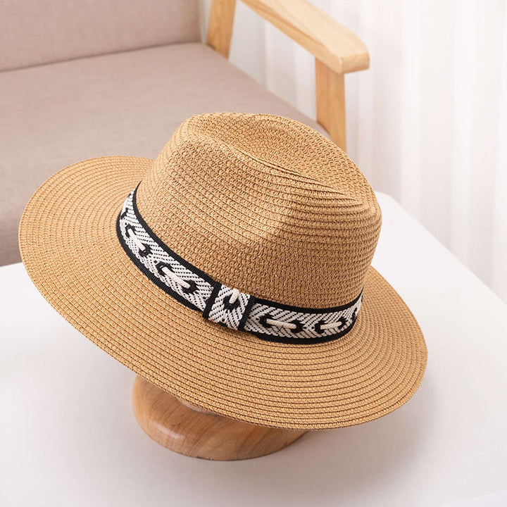 Chapeau de paille à calotte plate pour femme avec bandeau décoratif - Kaki - Réglable (environ 22"-22 7/8") - image 9