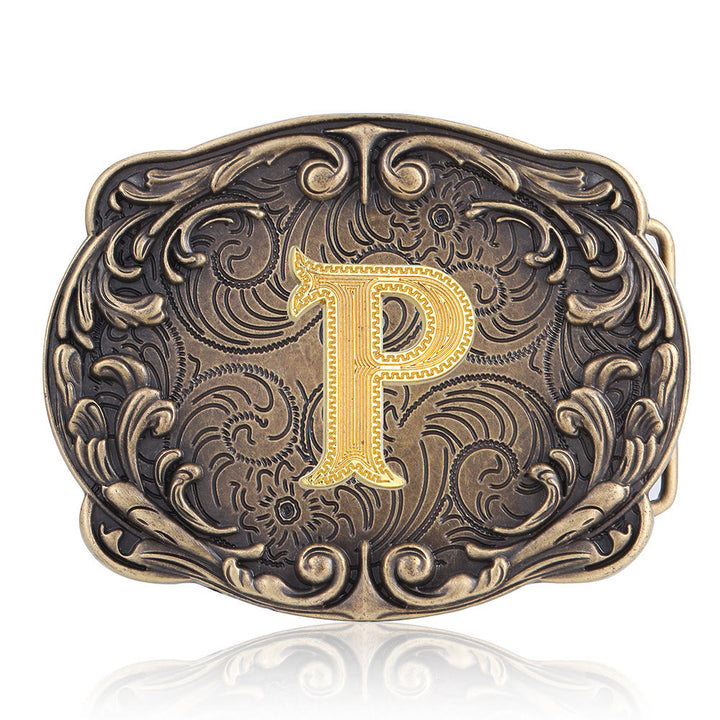 Ceinture en cuir style western rétro avec boucle initiale et motif totem rétro - P - Sans ceinture - image 19
