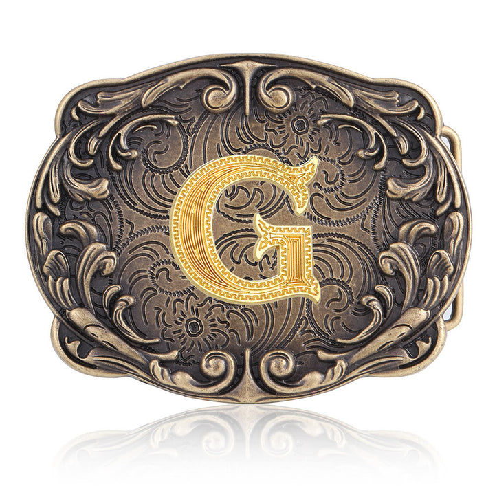 Ceinture en cuir style western rétro avec boucle initiale et motif totem rétro - G - Sans ceinture - image 11