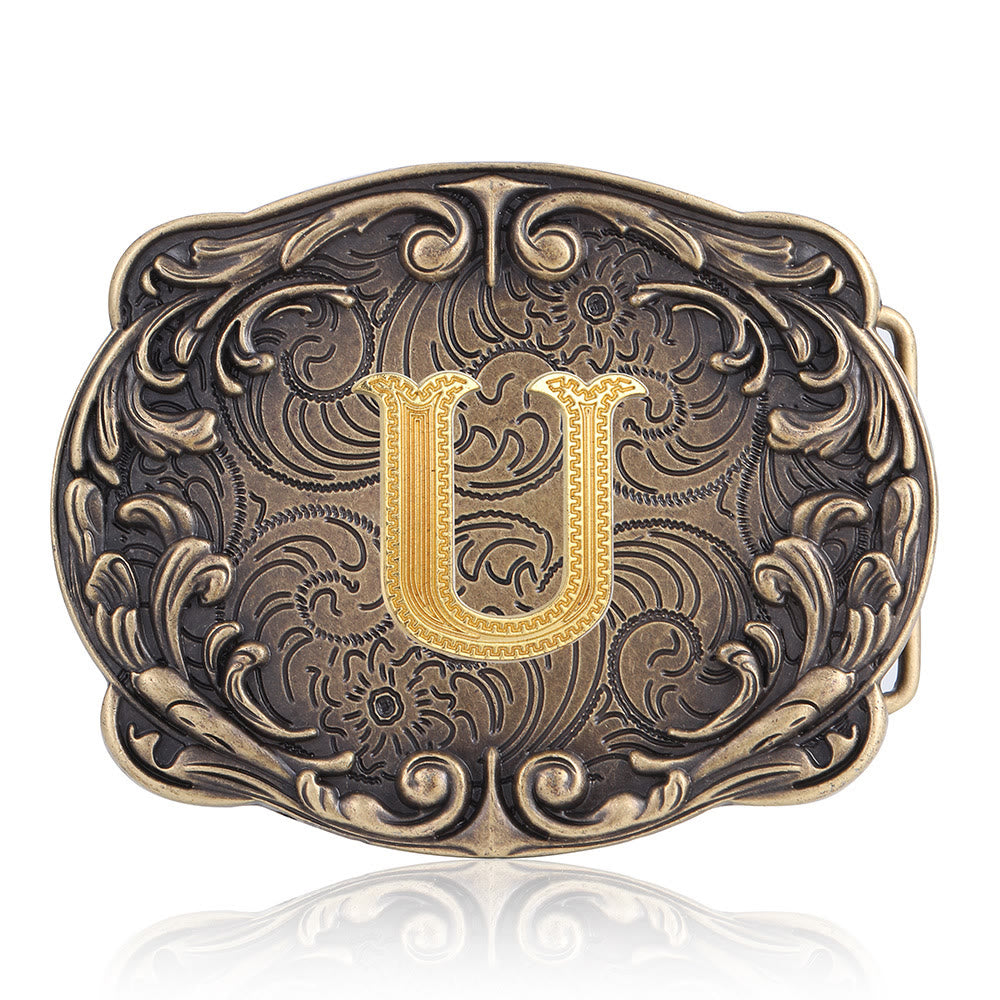Ceinture en cuir style western rétro avec boucle initiale et motif totem rétro - U - Sans ceinture - image 24