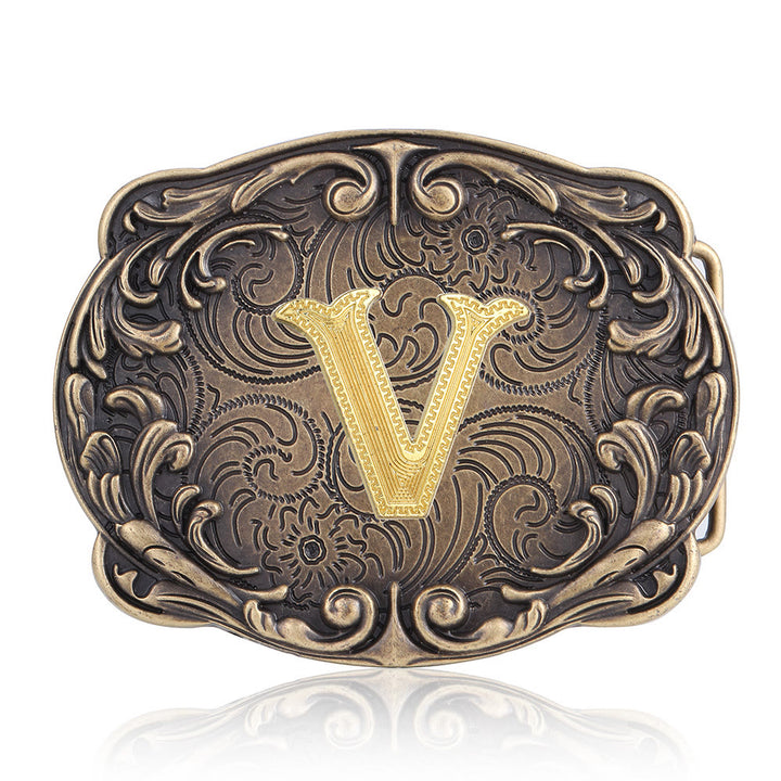 Ceinture en cuir style western rétro avec boucle initiale et motif totem rétro - V - Sans ceinture - image 25