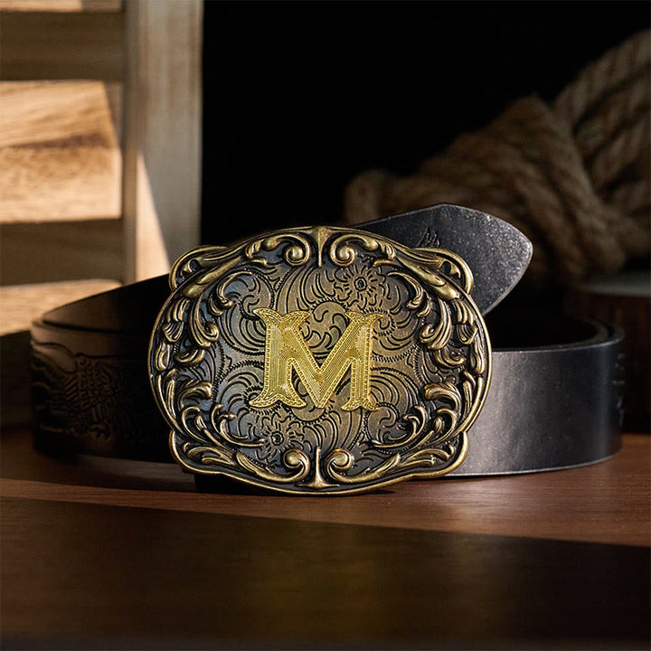 Ceinture en cuir style western rétro avec boucle initiale et motif totem rétro - image 1