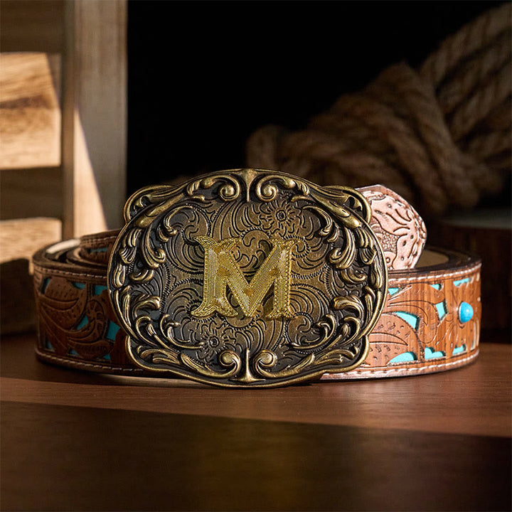 Ceinture en cuir style western rétro avec boucle initiale et motif totem rétro - image 2