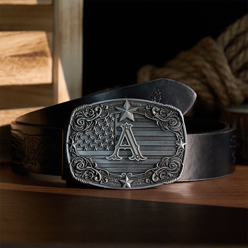 Ceinture en cuir avec boucle personnalisée et initiales, drapeau Western Star, motif lettre, à l'effigie du drapeau. - image 1