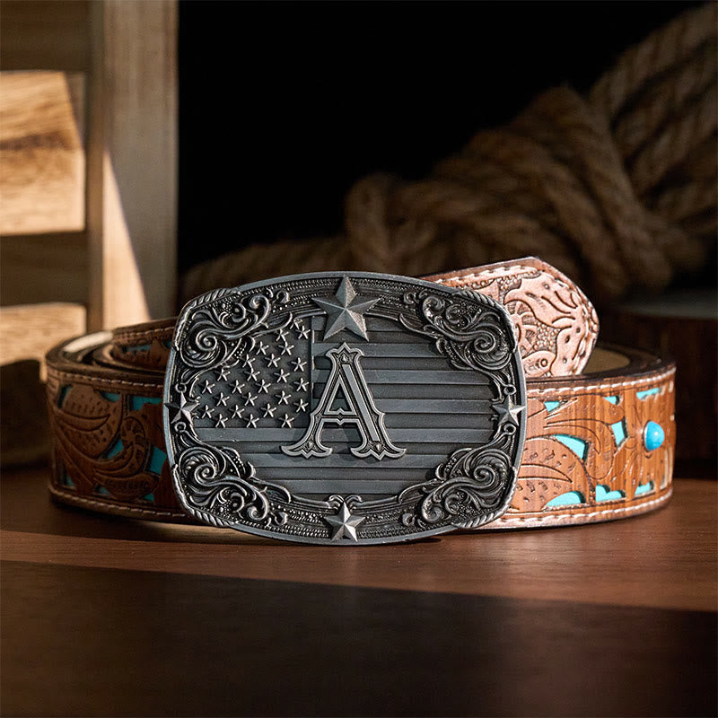 Ceinture en cuir avec boucle personnalisée et initiales, drapeau Western Star, motif lettre, à l'effigie du drapeau. - image 2