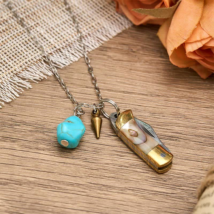 Collier couteau de poche utilitaire portable en turquoise d'ormeau et laiton - image 2