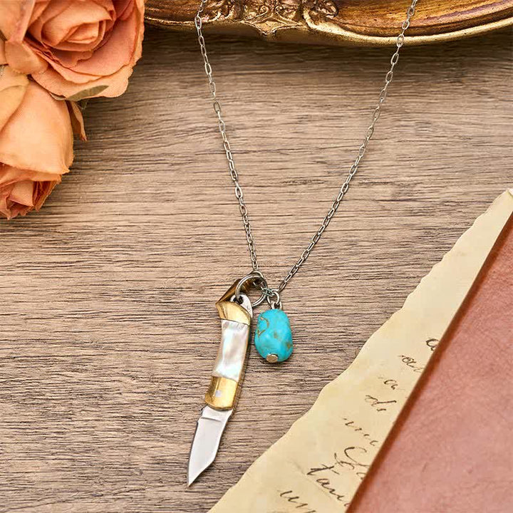 Collier couteau de poche utilitaire portable en turquoise d'ormeau et laiton - image 3