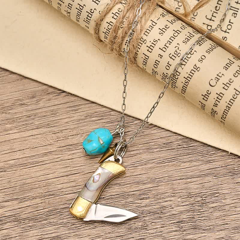 Collier couteau de poche utilitaire portable en turquoise d'ormeau et laiton - Bronze - image 0