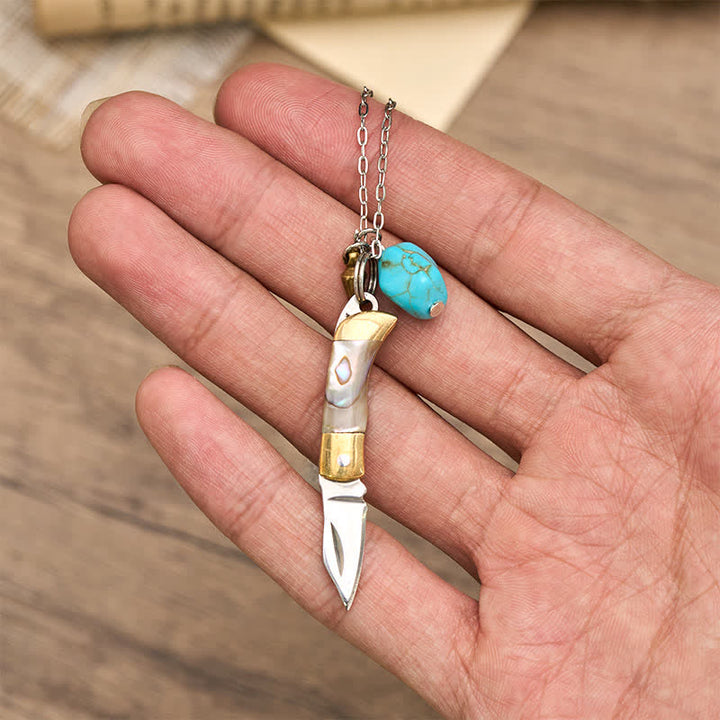 Collier couteau de poche utilitaire portable en turquoise d'ormeau et laiton - image 1