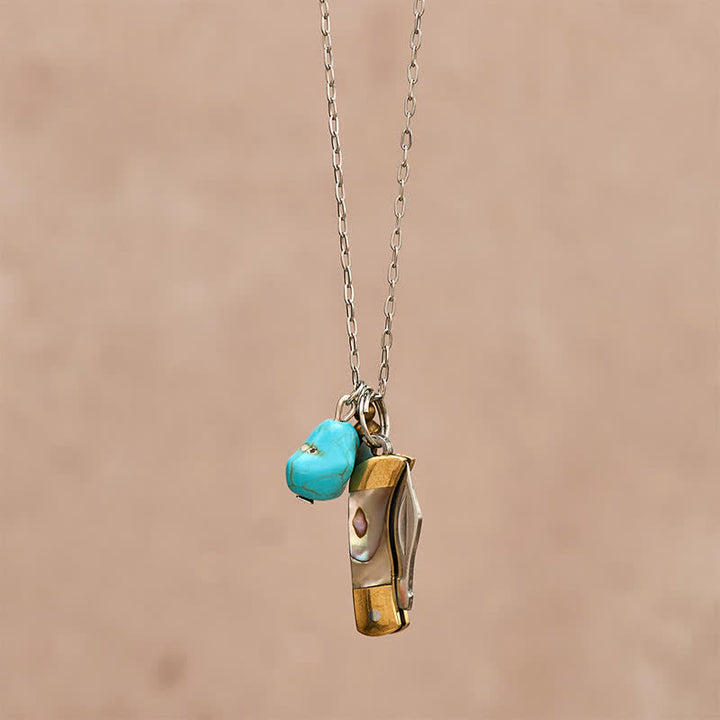 Collier couteau de poche utilitaire portable en turquoise d'ormeau et laiton - image 5