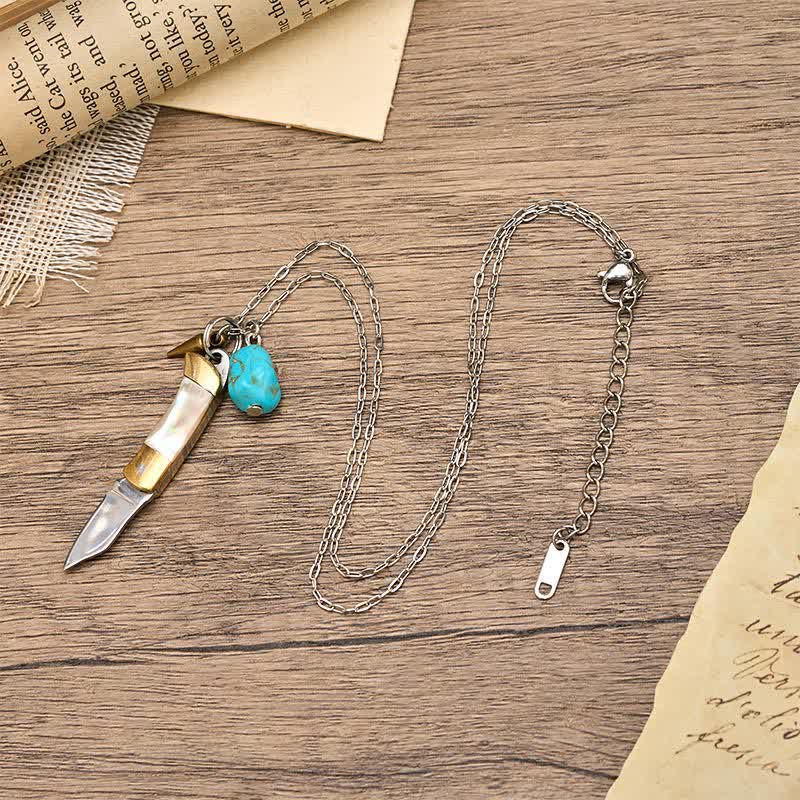 Collier couteau de poche utilitaire portable en turquoise d'ormeau et laiton - image 4