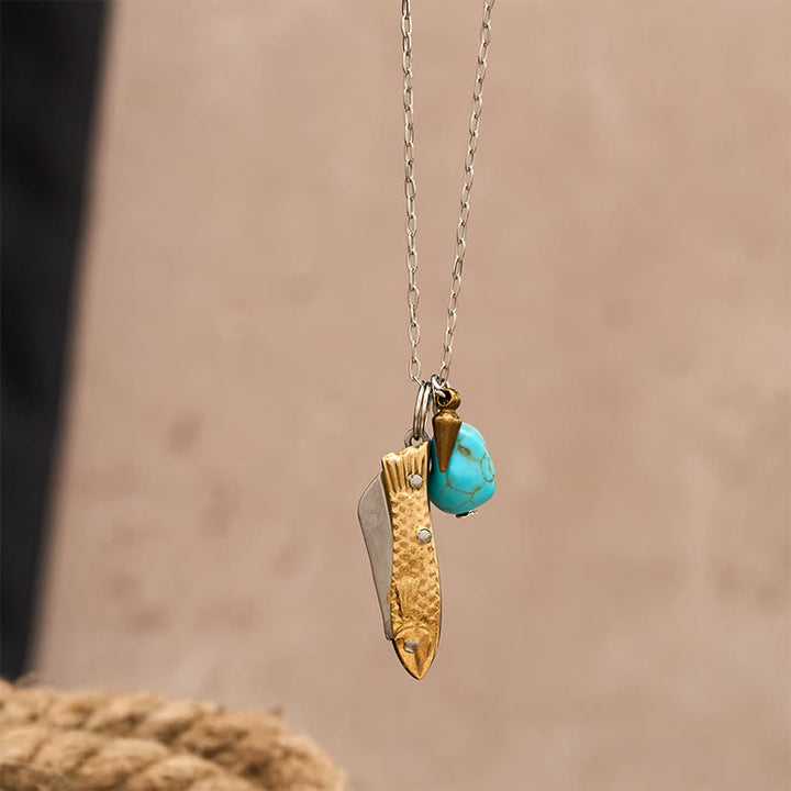 Collier couteau de poche unique en laiton et turquoise en forme de poisson - image 5