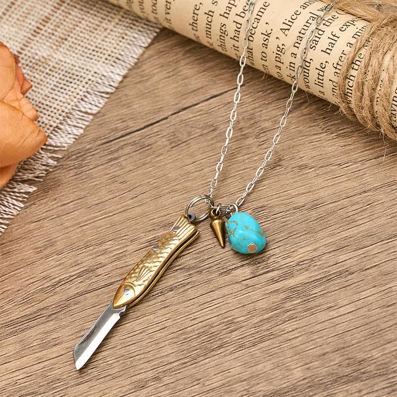 Collier couteau de poche unique en laiton et turquoise en forme de poisson - image 4