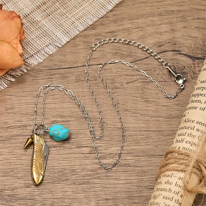 Collier couteau de poche unique en laiton et turquoise en forme de poisson - image 3
