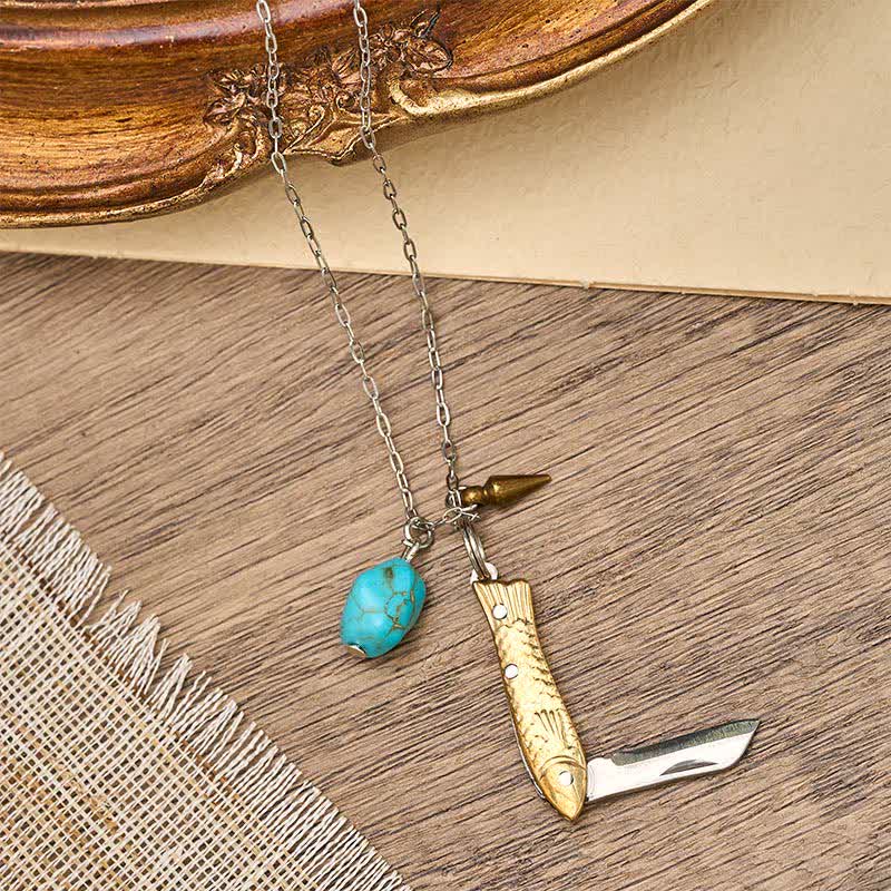 Collier couteau de poche unique en laiton et turquoise en forme de poisson - image 2